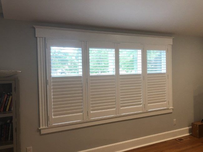 Hunter Douglas 2 1/2” faux wood shutters with rear hidden tilts Mounted inside window frame installed in Allendale NJ