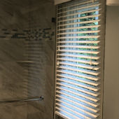 Hunter Douglas 2” faux woodblinds in extreme white with Grandover valances