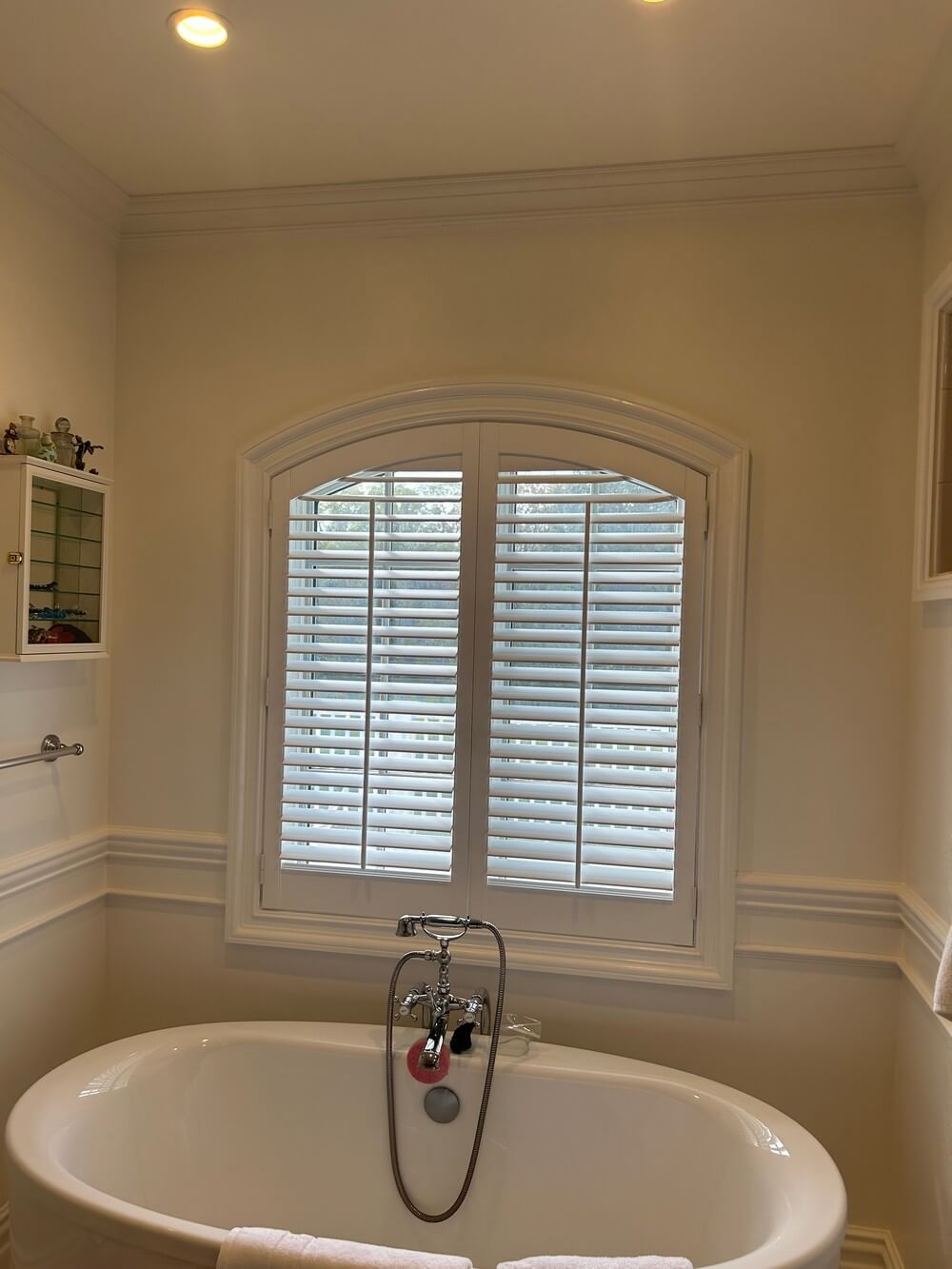 Specialty-Shape Hunter Douglas Arch-Top Faux Wood Shutters in Ramsey, NJ